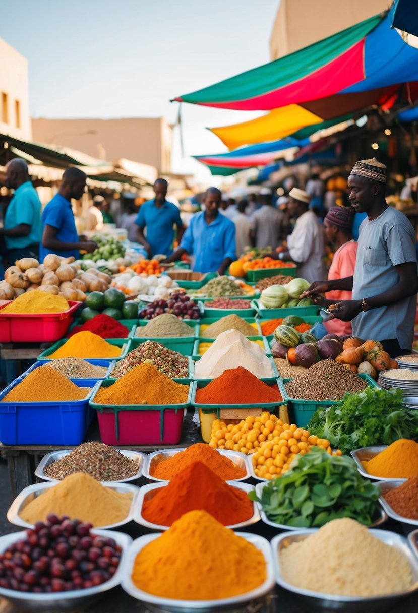 A bustling outdoor market in Djibouti, with colorful spices, fresh produce, and locals trading traditional recipes