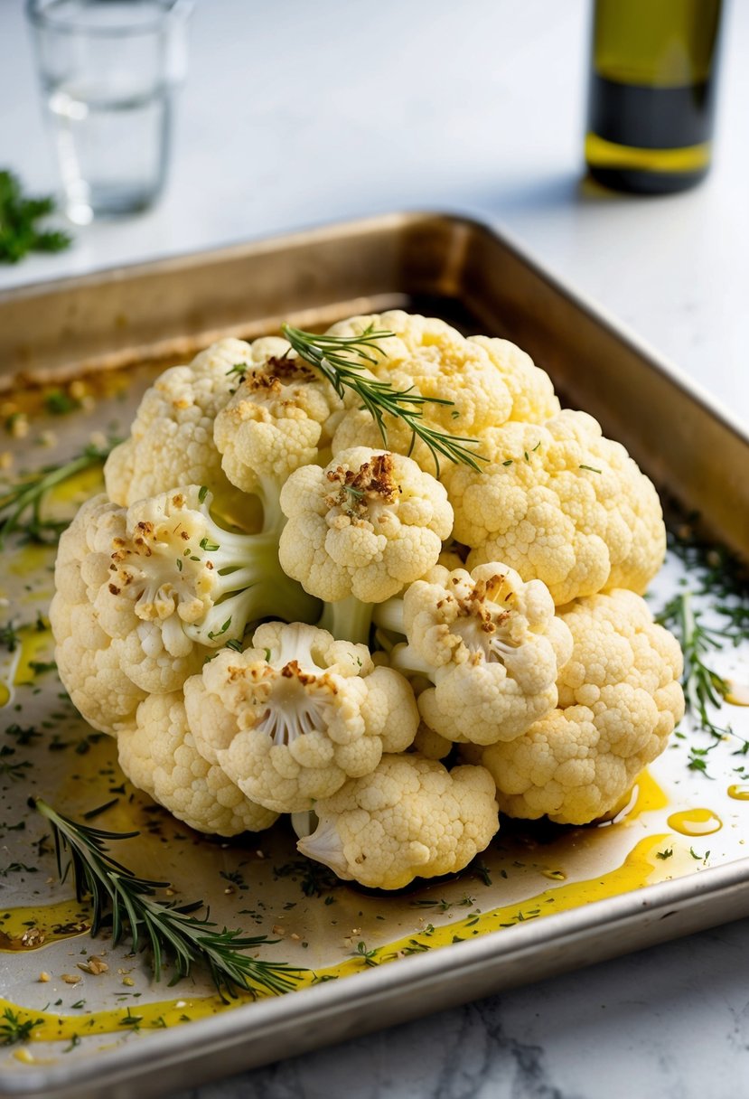 A head of cauliflower cut into thick steaks, seasoned and roasted on a baking sheet with olive oil, herbs, and spices