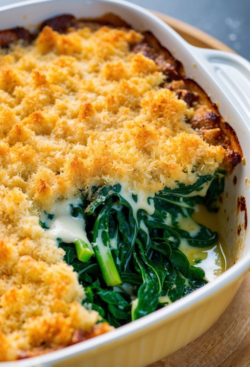 A bubbling Swiss Chard Gratin in a golden-brown casserole dish, topped with a crispy layer of breadcrumbs and melted cheese