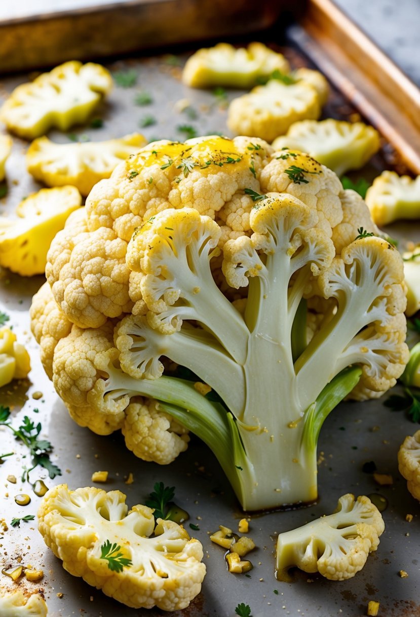 A head of cauliflower sliced into thick steaks, drizzled with garlic and herb-infused oil, and roasting on a baking sheet in the oven