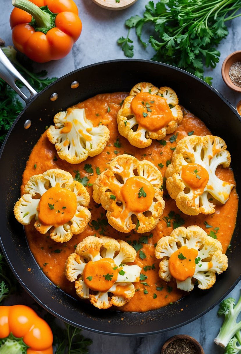 A sizzling pan of golden-brown cauliflower steaks coated in spicy buffalo sauce, surrounded by vibrant herbs and spices