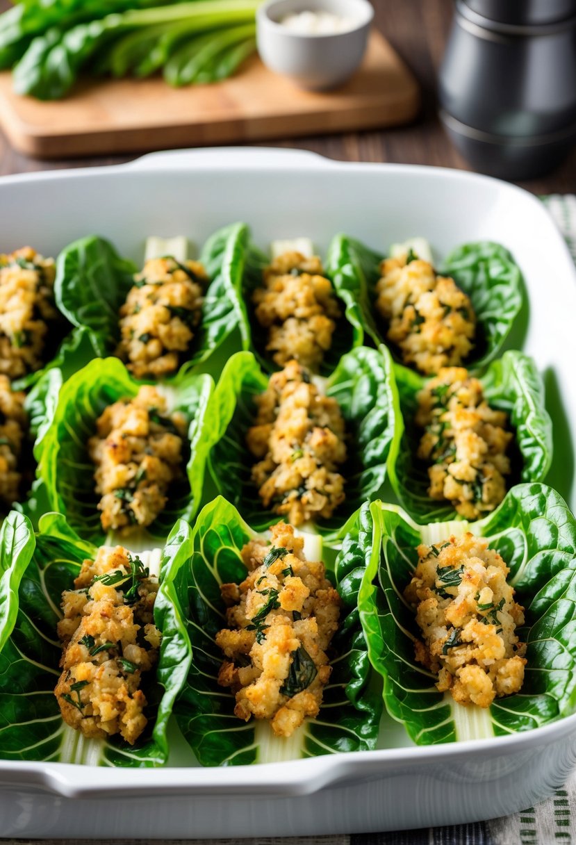 Fresh Swiss chard leaves being filled and rolled with a savory stuffing, arranged neatly on a baking dish