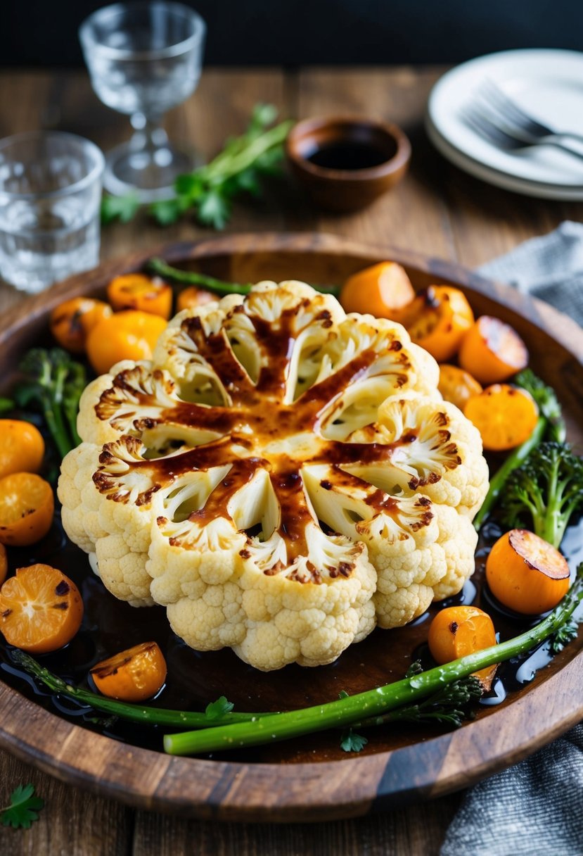 A golden-brown cauliflower steak glistens with balsamic glaze, surrounded by roasted vegetables on a rustic wooden platter