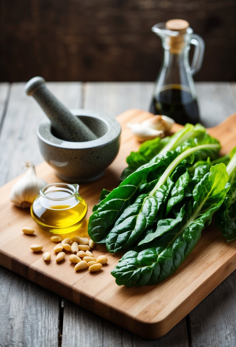 A wooden cutting board with fresh Swiss chard, garlic, pine nuts, and olive oil. A mortar and pestle nearby for making pesto