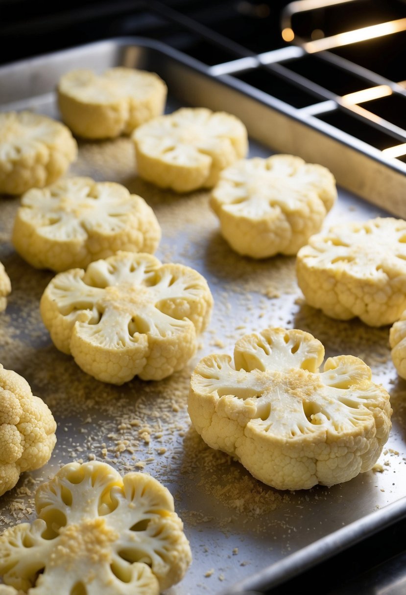 Cauliflower steaks coated in Parmesan, sizzling on a baking sheet in the oven