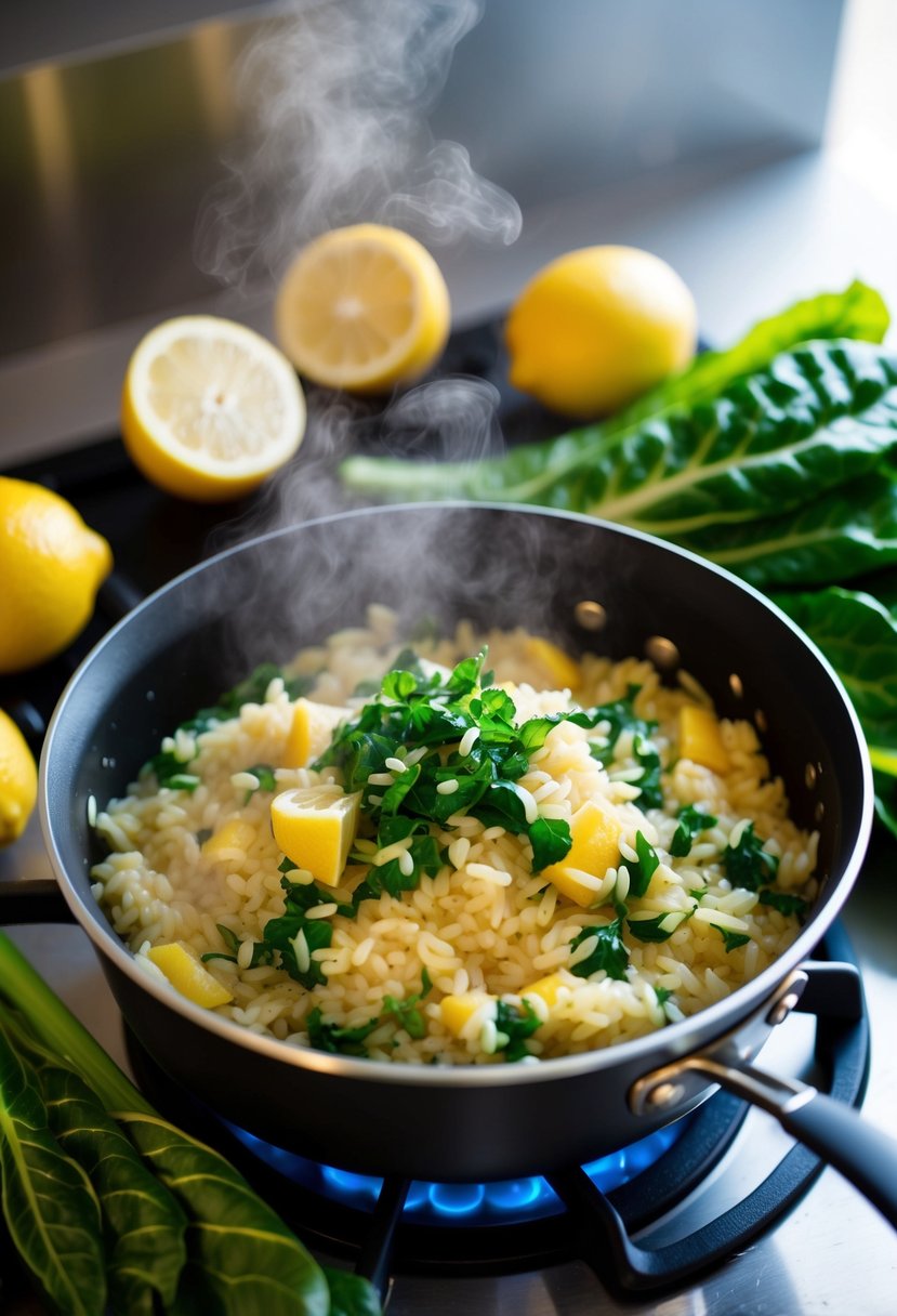 A steaming pot of lemon Swiss chard risotto cooking on a stovetop, surrounded by fresh ingredients like arborio rice, lemons, and vibrant green Swiss chard leaves