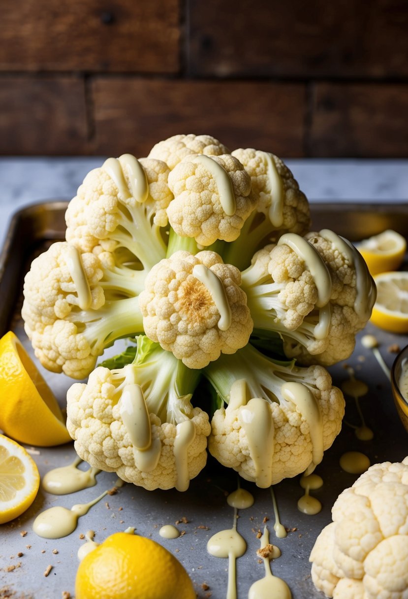 A whole head of cauliflower cut into thick steaks drizzled with tahini and lemon, roasted to perfection on a baking sheet