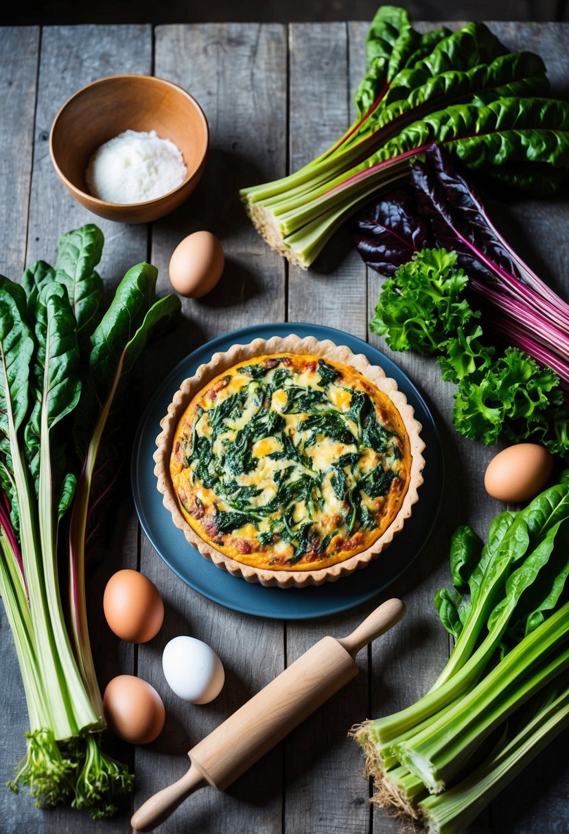 A rustic kitchen table with a freshly baked Swiss Chard Quiche surrounded by colorful bunches of swiss chard, eggs, and a rolling pin