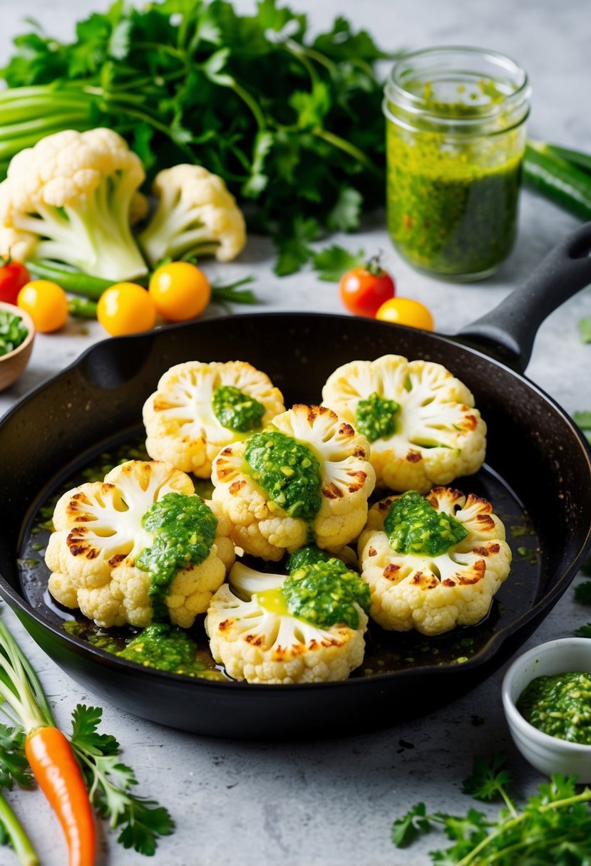 A sizzling skillet of golden-brown cauliflower steaks, drizzled with vibrant green chimichurri sauce, surrounded by fresh herbs and colorful vegetables