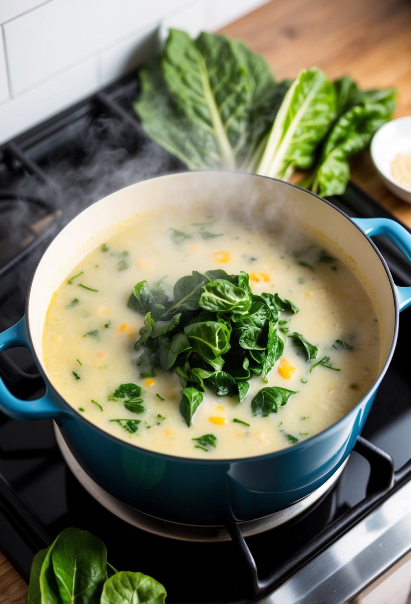 A steaming pot of creamy Swiss chard soup simmering on a stove, surrounded by fresh Swiss chard leaves and other ingredients