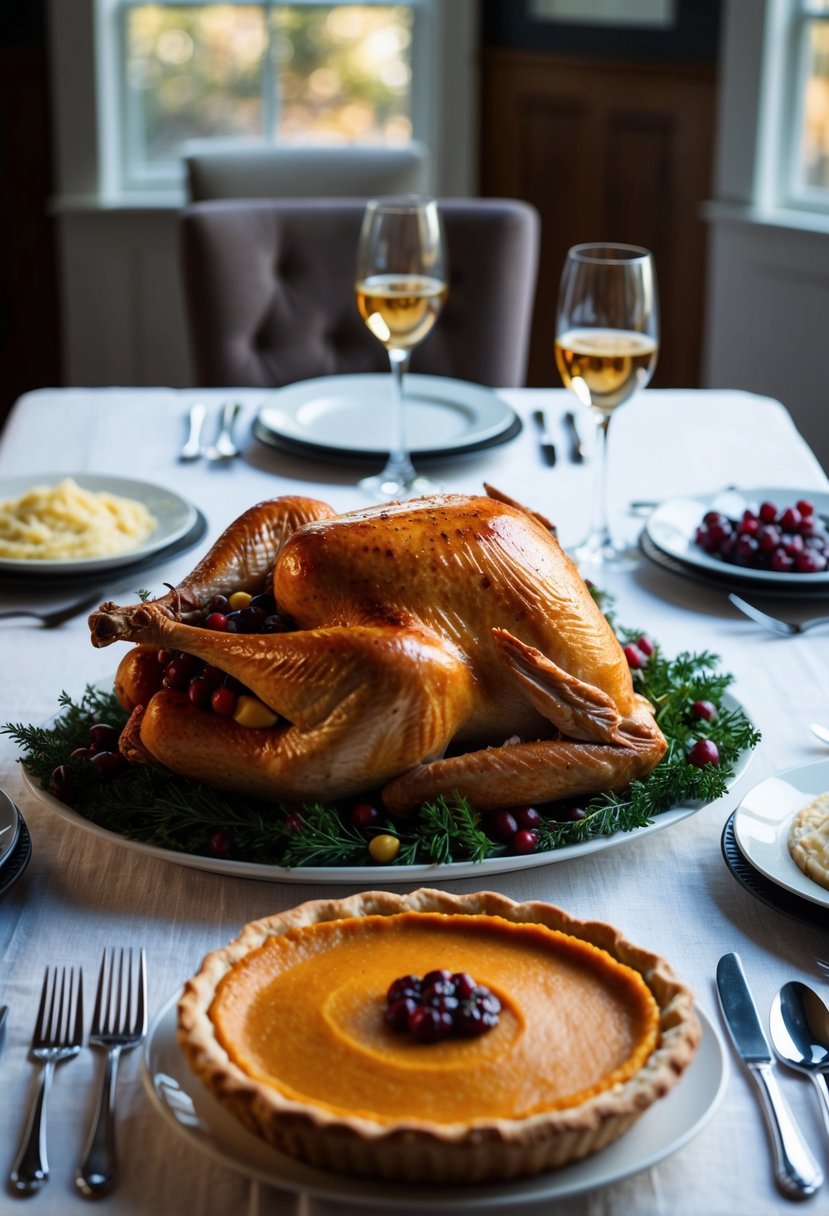 A table set with a roasted turkey, mashed potatoes, cranberry sauce, and pumpkin pie