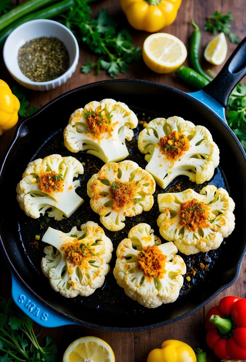 Cauliflower steaks sizzling on a hot, oiled skillet, sprinkled with aromatic curry spices and herbs, surrounded by colorful vegetables and herbs