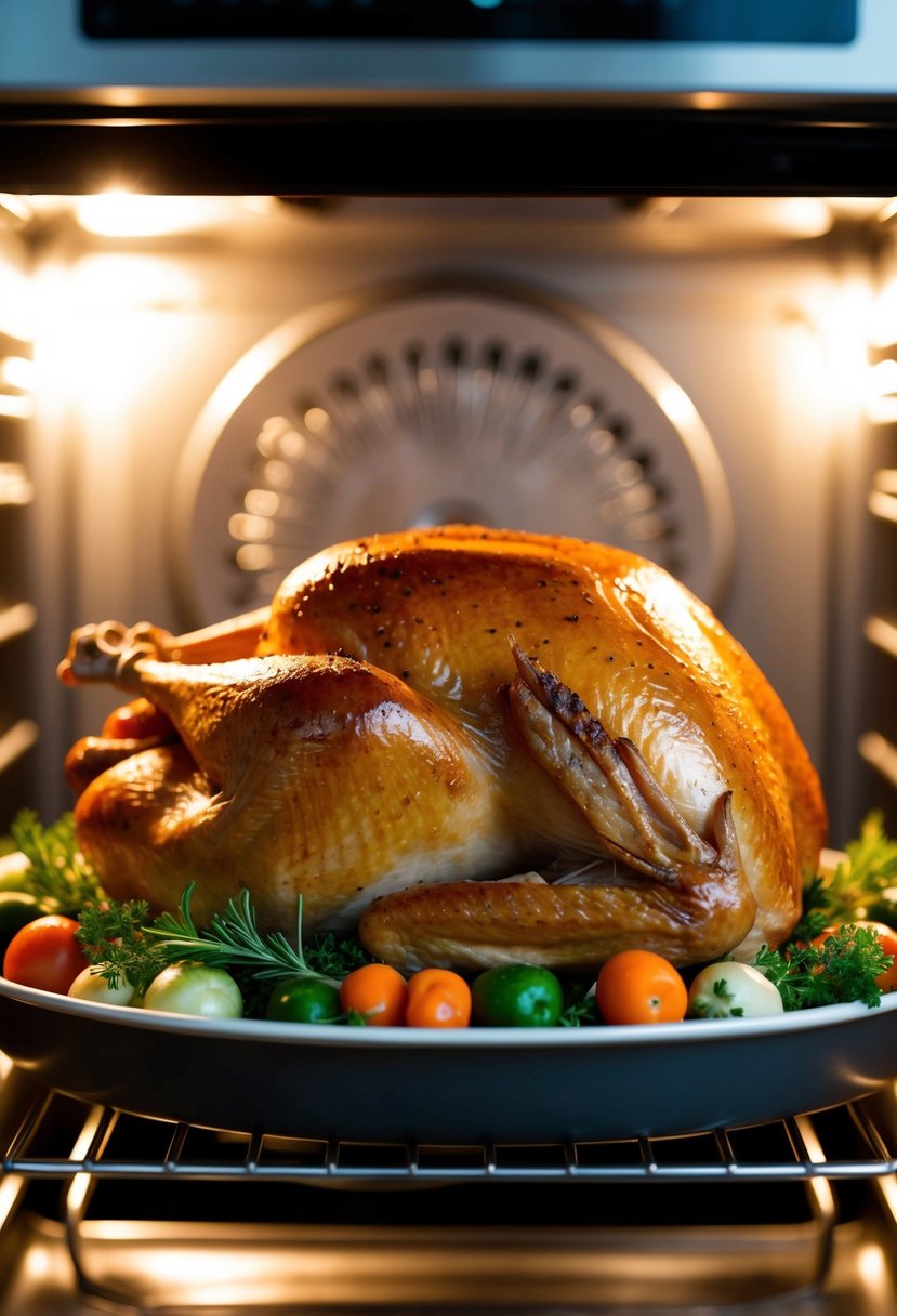 A golden-brown turkey, surrounded by fresh herbs and vegetables, roasting in the oven