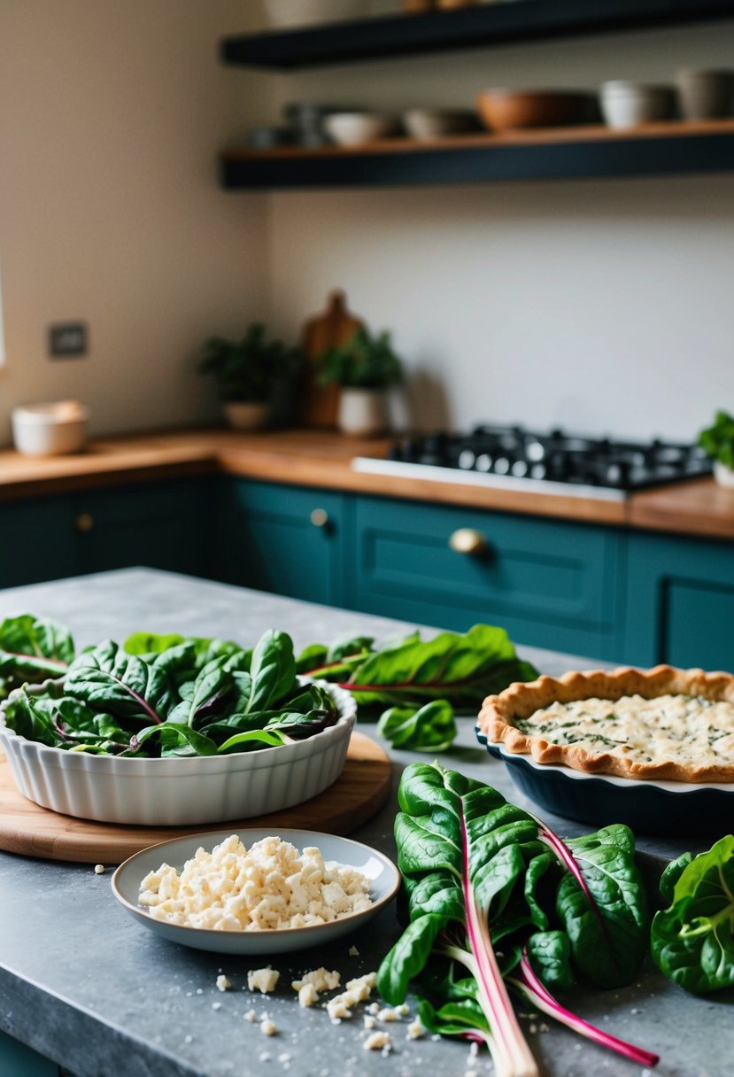 A rustic kitchen counter with fresh swiss chard, crumbled feta cheese, and a pie dish ready for assembly