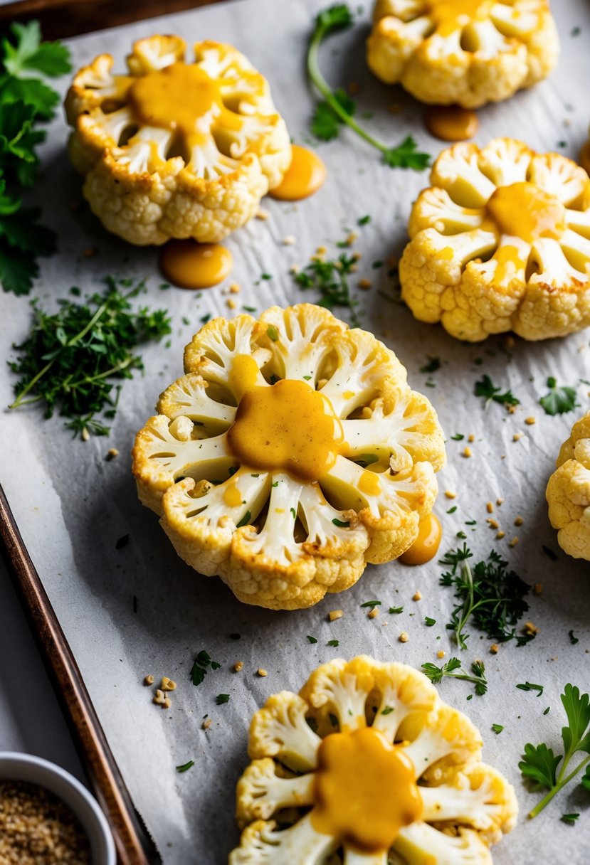 Roasted cauliflower steaks coated in maple mustard glaze on a baking sheet with fresh herbs and spices scattered around