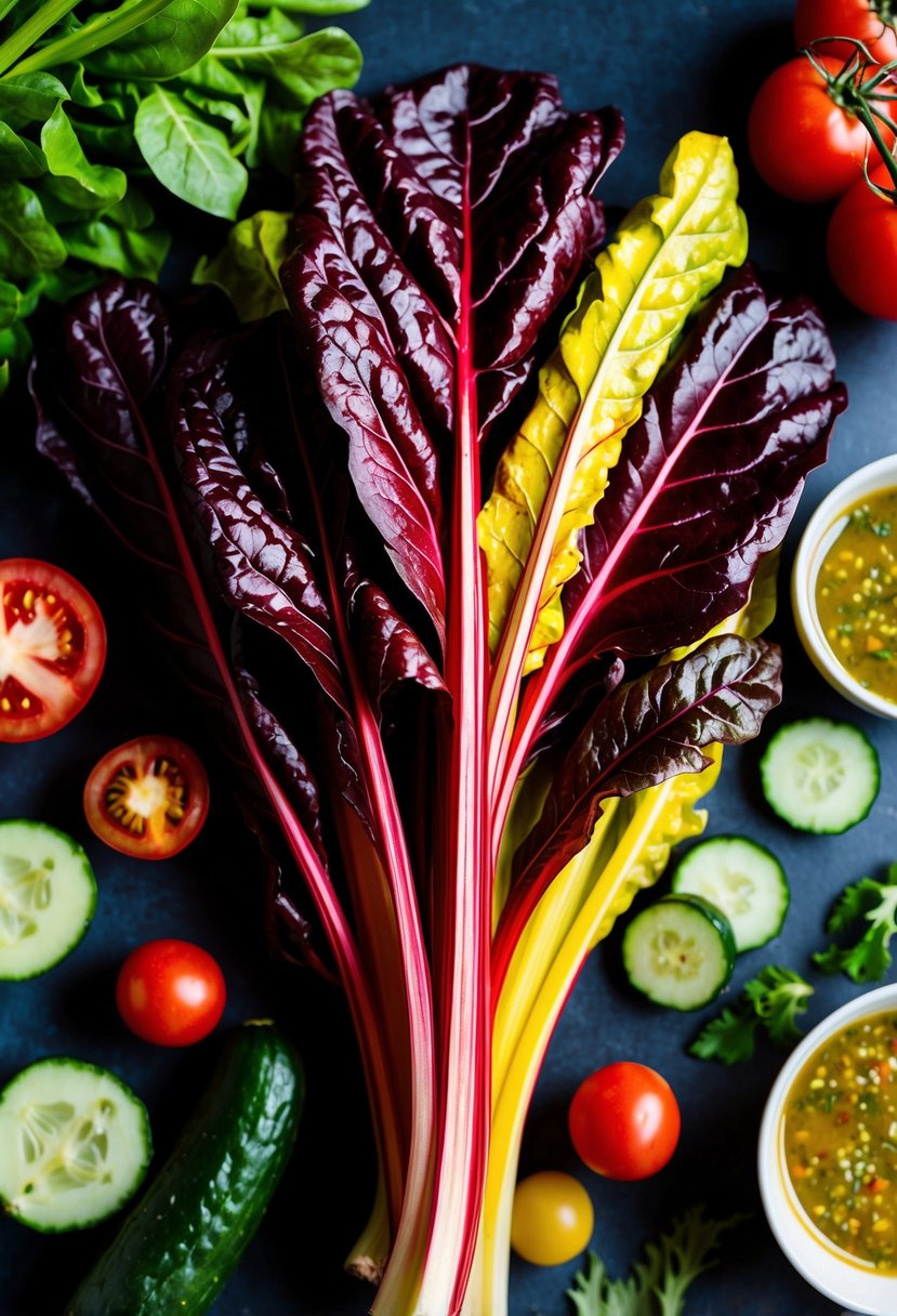 A vibrant bunch of Swiss chard leaves, stems, and vibrant red and yellow colors, surrounded by fresh ingredients like tomatoes, cucumbers, and a zesty dressing