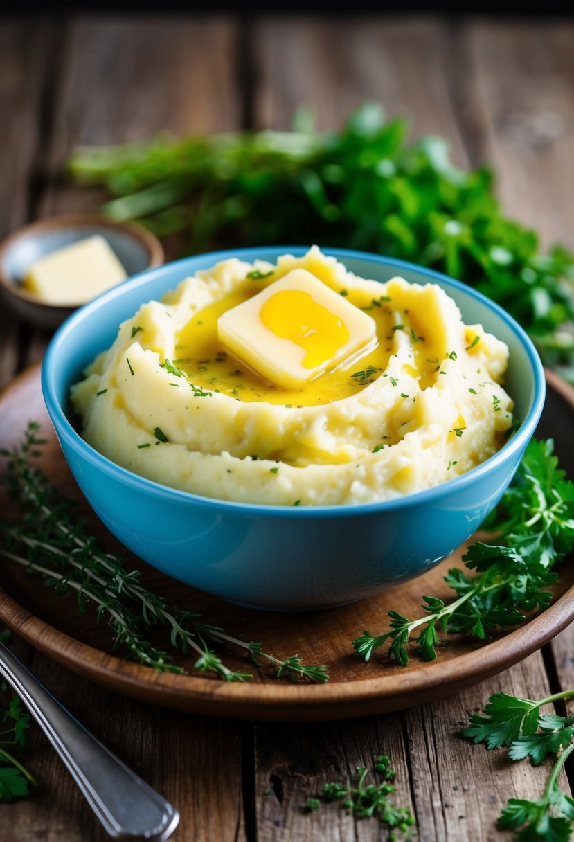 A steaming bowl of creamy garlic mashed potatoes sits on a rustic wooden table, surrounded by fresh herbs and a pat of melting butter