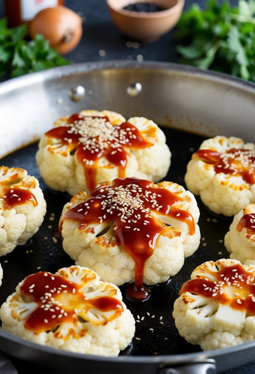 Cauliflower steaks sizzling on a hot pan, drizzled with teriyaki sauce and sprinkled with sesame seeds, surrounded by fresh ingredients