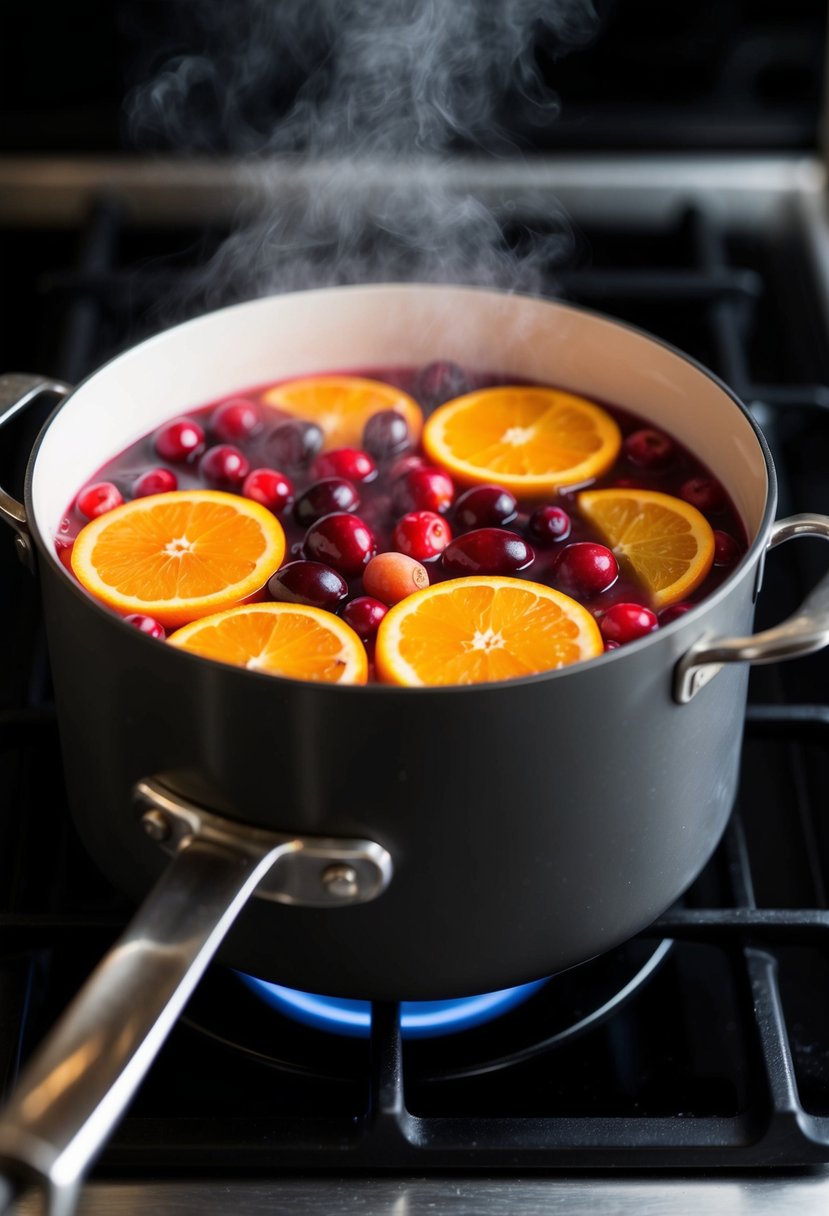 A pot simmering on a stovetop, filled with cranberries and oranges, emitting a fragrant aroma