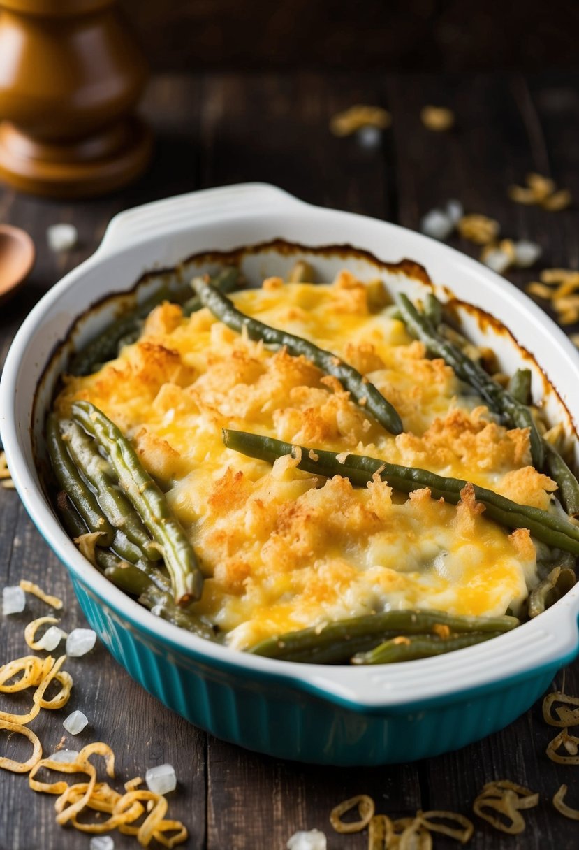 A bubbling green bean casserole sits in a vintage baking dish surrounded by scattered fried onions and a wooden spoon