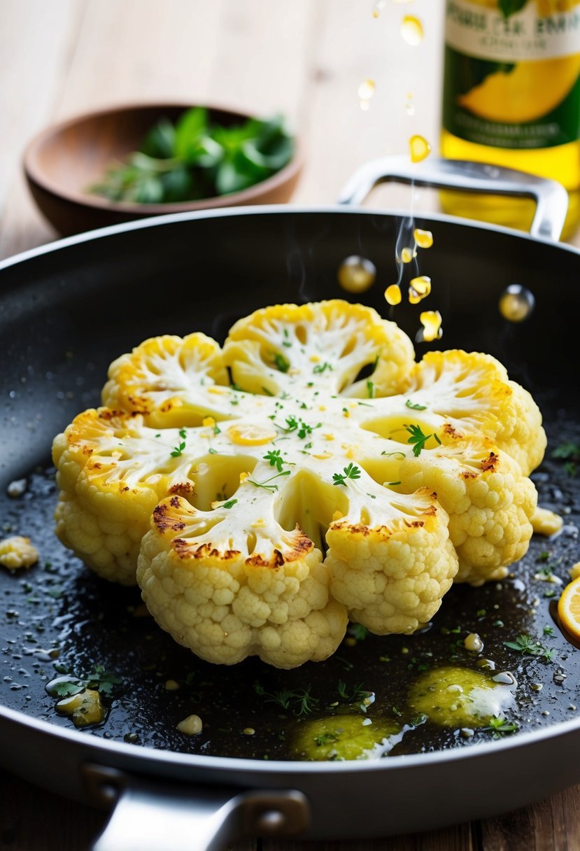 A golden-brown cauliflower steak sizzling on a hot pan, emitting a fragrant citrus aroma. A sprinkle of herbs and a drizzle of lemon juice add the finishing touches