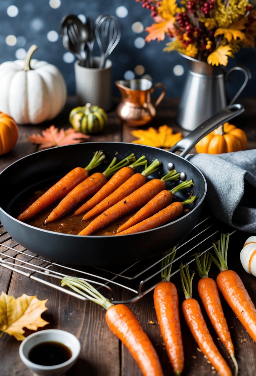 Carrots roasting in a pan with maple glaze, surrounded by fall-themed decor and kitchen utensils