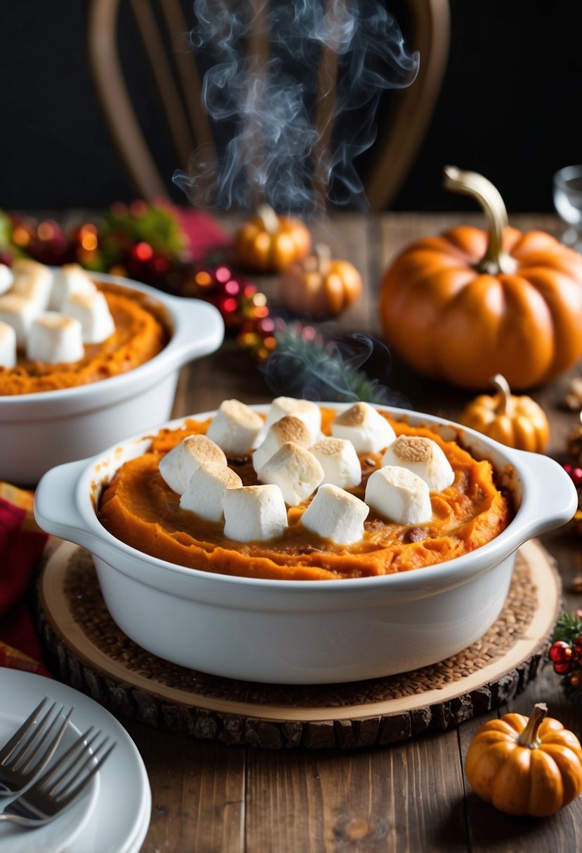 A steaming sweet potato casserole topped with golden marshmallows, surrounded by festive table settings and autumn decor