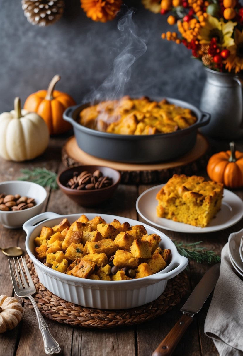 A rustic kitchen table set with a steaming dish of cornbread stuffing surrounded by festive fall decor