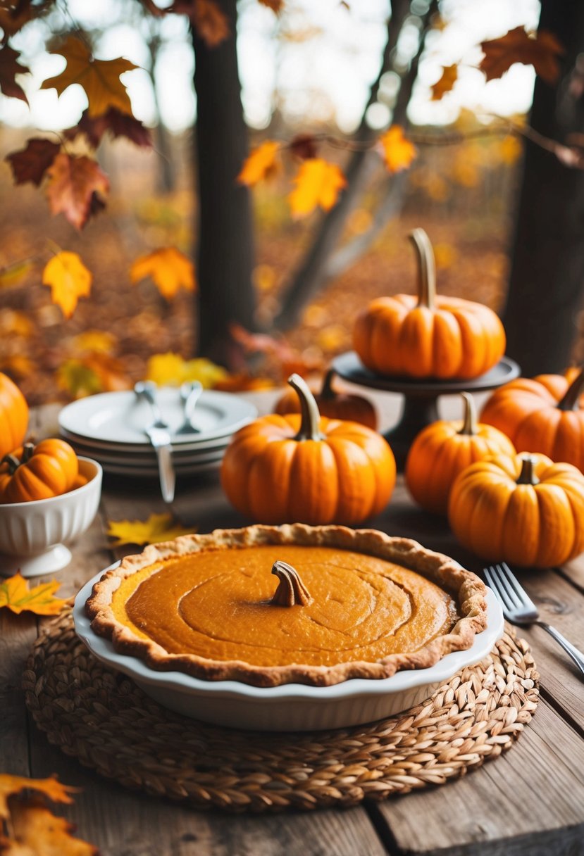 A rustic table set with a freshly baked pumpkin pie, surrounded by autumn leaves and a warm, inviting atmosphere