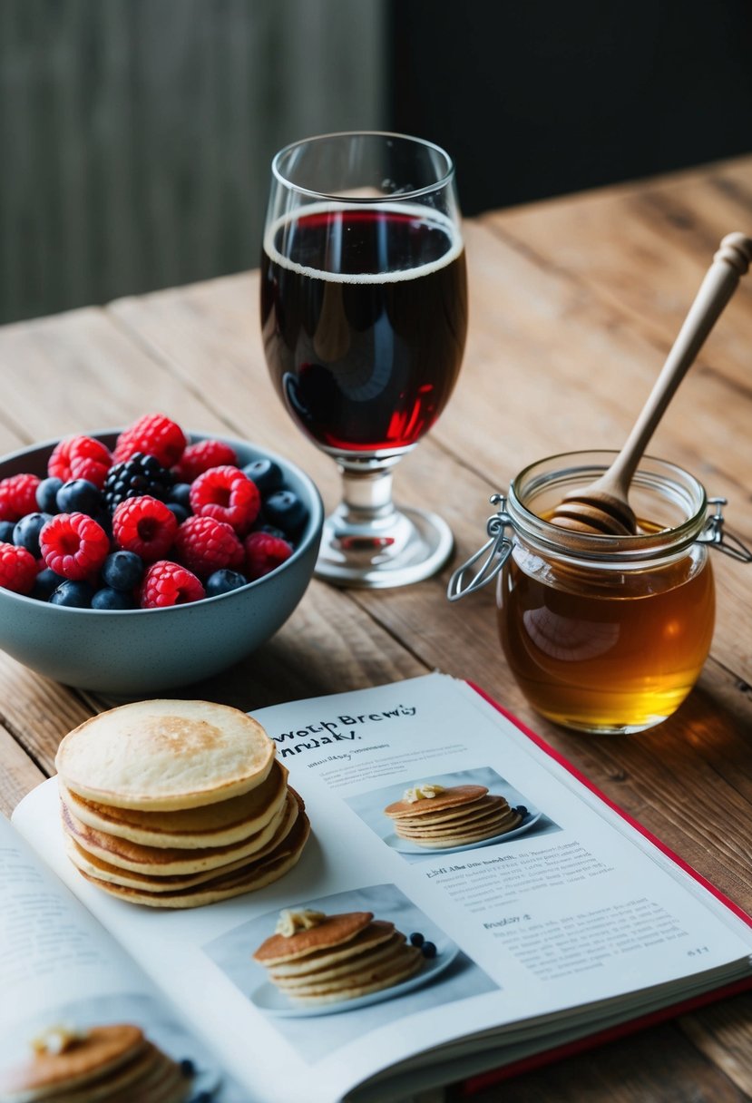 A glass of whey sits on a wooden table next to a bowl of fresh berries and a jar of honey. A cookbook is open to a page with a recipe for protein pancakes