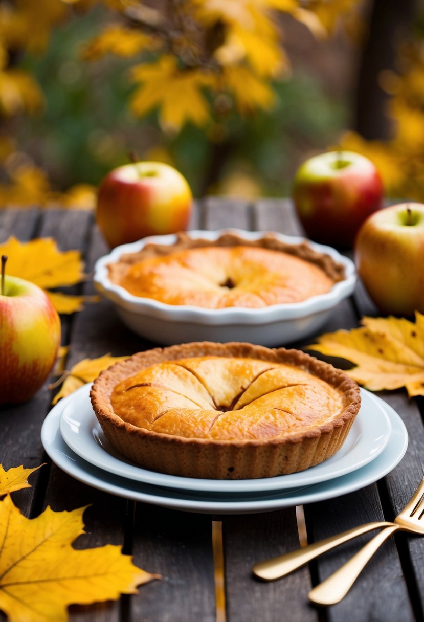 A table set with a golden-brown apple pie, surrounded by fall leaves and a warm, inviting atmosphere