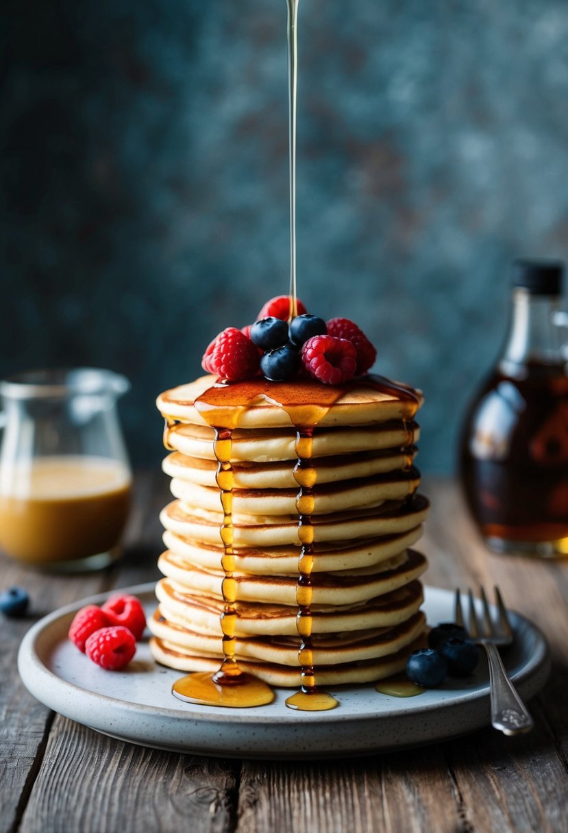 A stack of fluffy whey protein pancakes topped with fresh berries and drizzled with maple syrup on a rustic wooden table