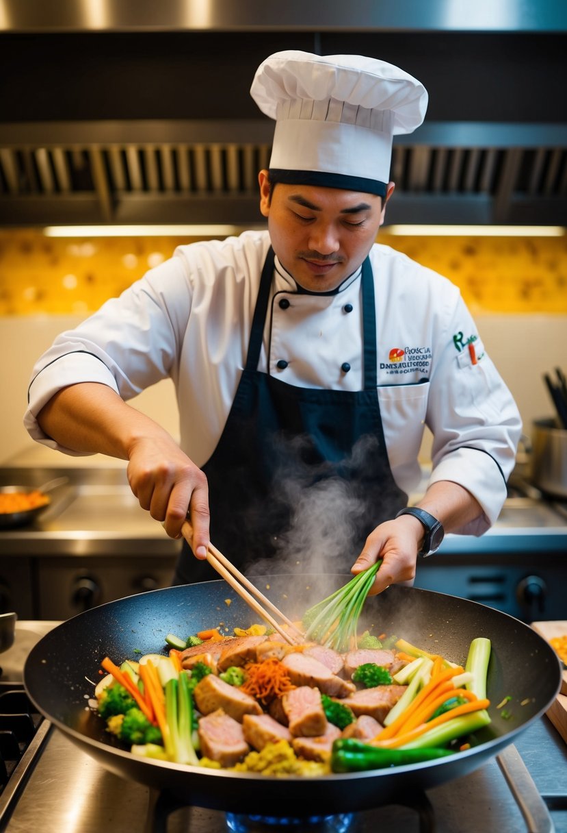 A chef preparing a colorful stir-fry with lean pork, fresh vegetables, and aromatic spices in a sizzling wok