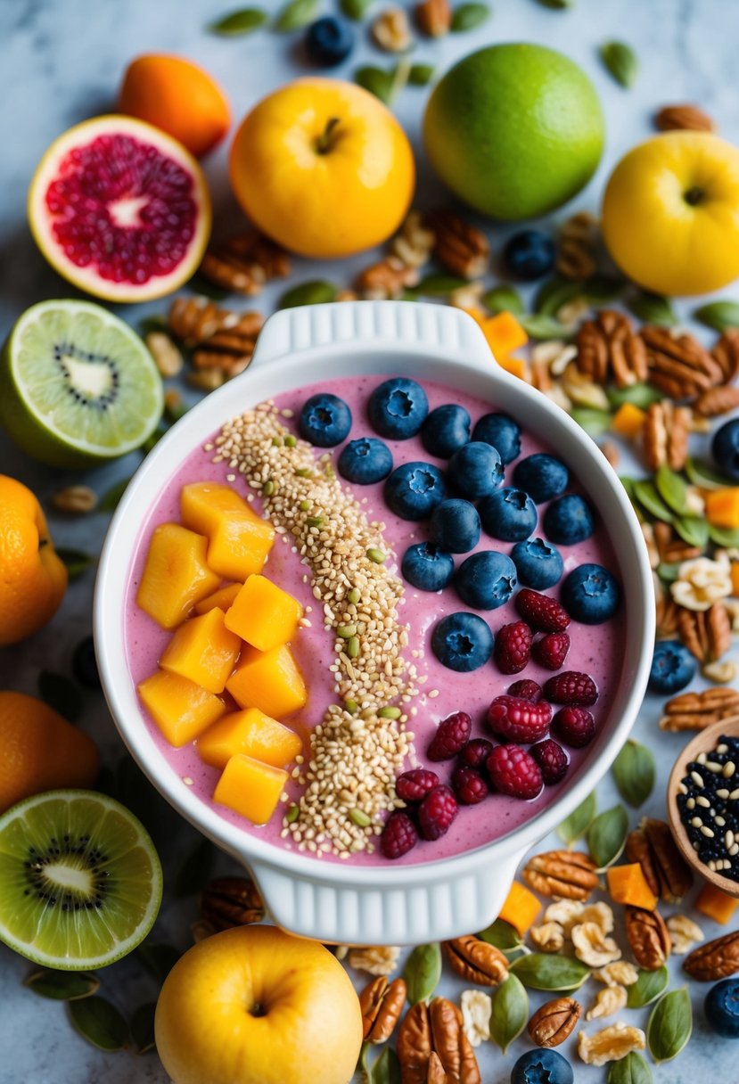 A colorful array of fresh fruits, nuts, and seeds surrounding a creamy, vibrant whey smoothie bowl in a white ceramic dish