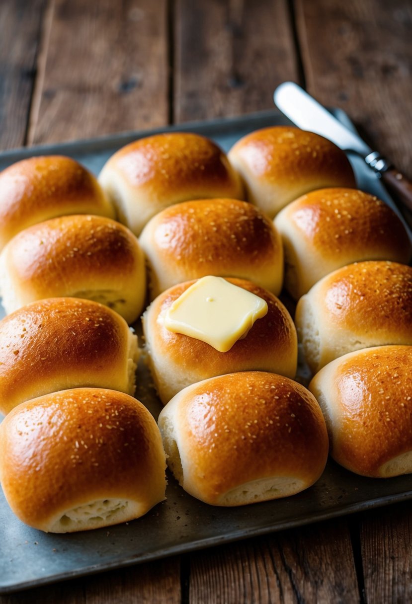 Freshly baked dinner rolls arranged on a rustic wooden table with a pat of melting butter on top