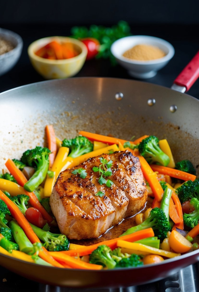 A sizzling pork tenderloin stir-fry in a colorful wok with an array of fresh vegetables and aromatic spices