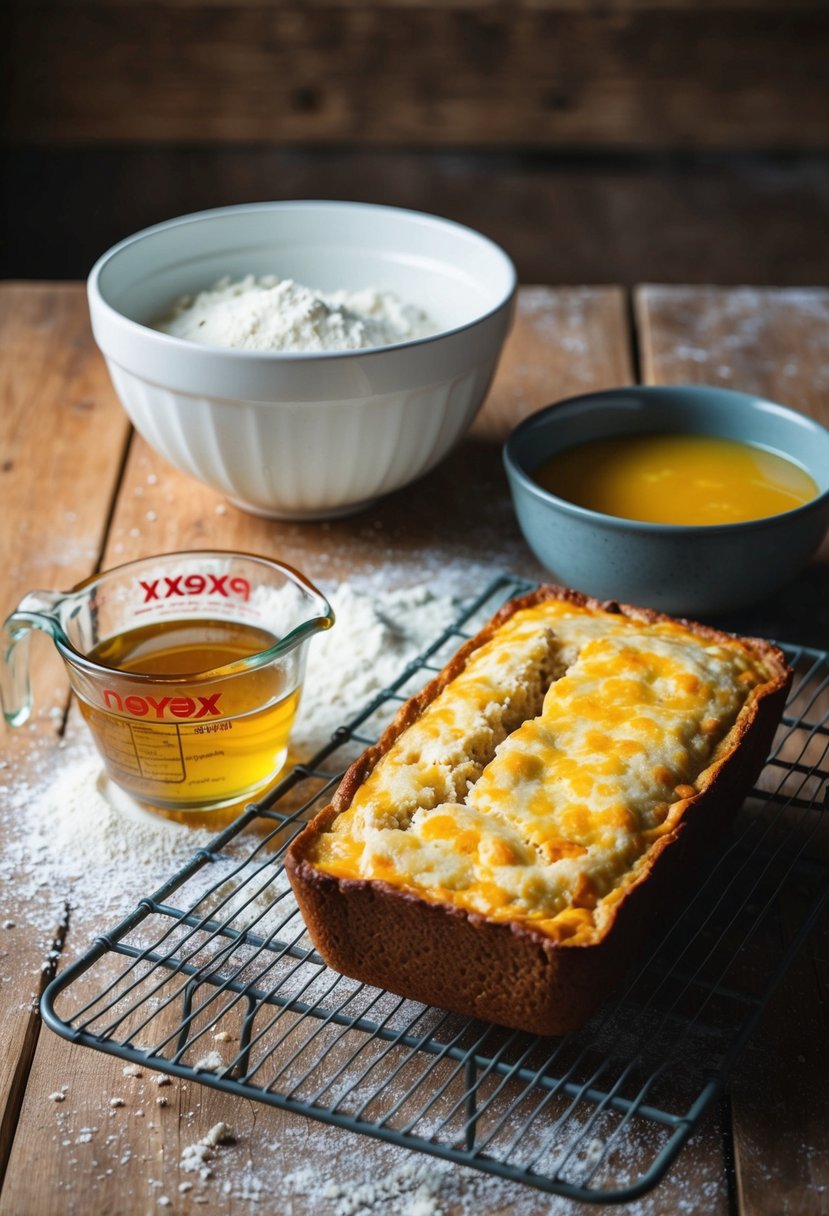 A rustic kitchen with a wooden table covered in flour, a mixing bowl, a measuring cup of whey, and a freshly baked loaf of cheesy whey bread cooling on a wire rack