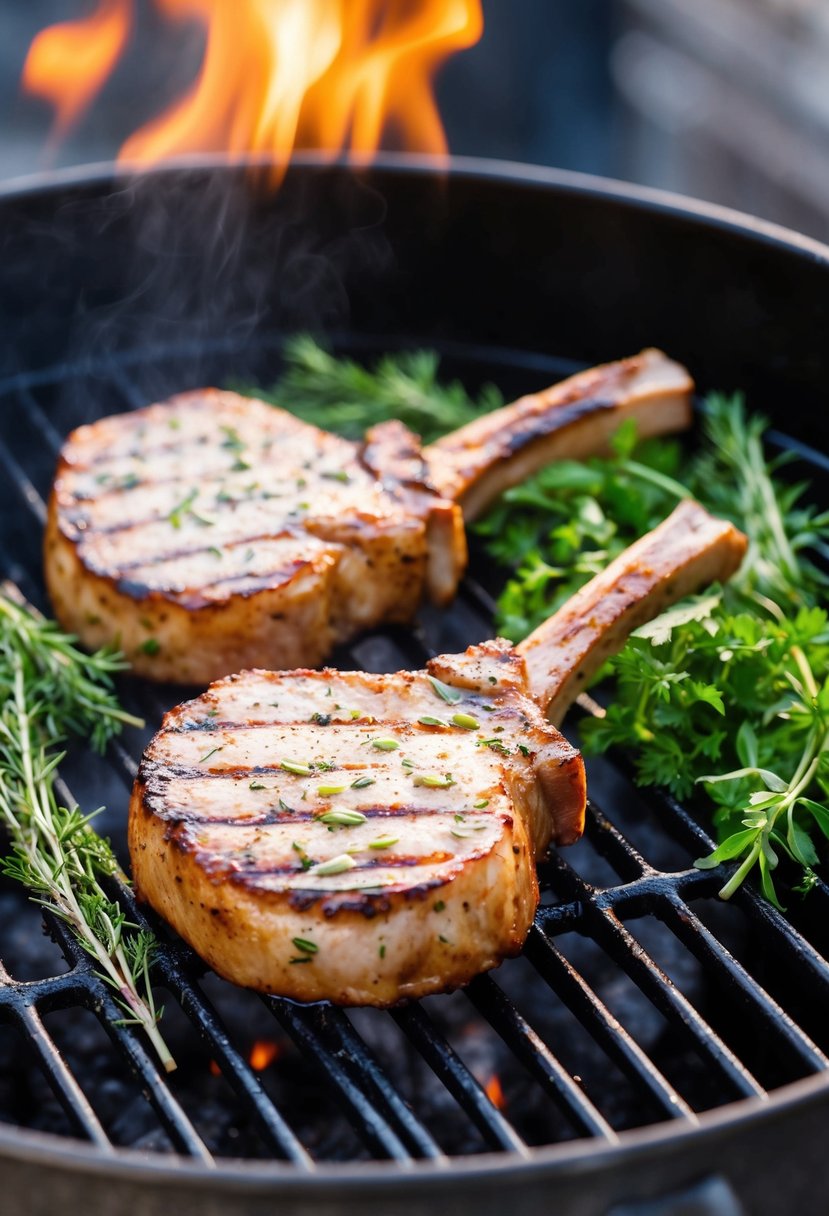 Two succulent pork chops sizzling on a hot grill, surrounded by fresh herbs and marinating in a low-cholesterol marinade