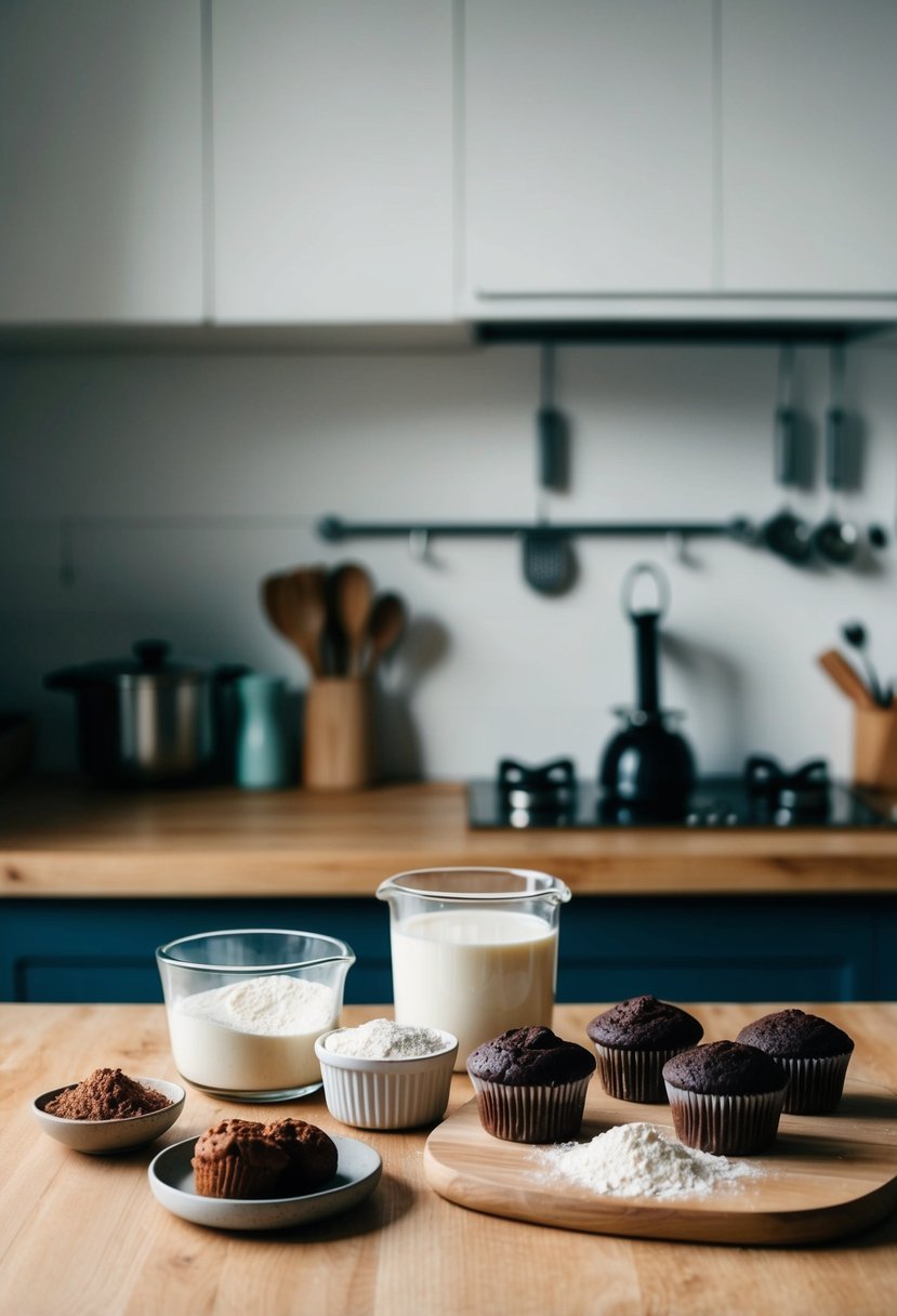 A kitchen counter with ingredients (cocoa, flour, whey) and utensils for making chocolate muffins