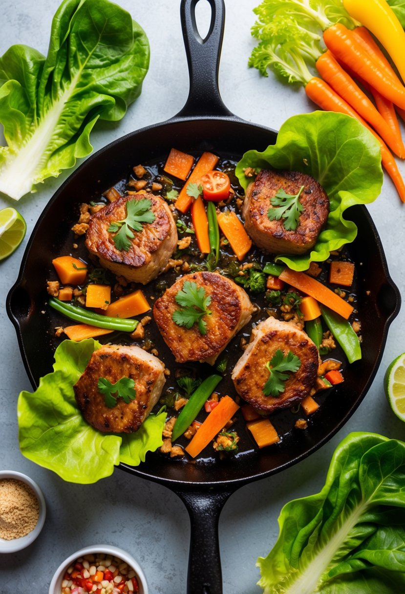 A sizzling skillet of spicy pork, surrounded by vibrant lettuce leaves and colorful vegetables, ready to be wrapped into healthy, low-cholesterol lettuce wraps