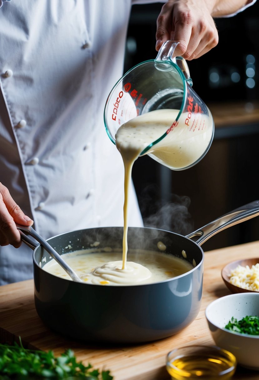 A chef pouring whey into a pot of simmering ingredients to create a creamy Alfredo sauce