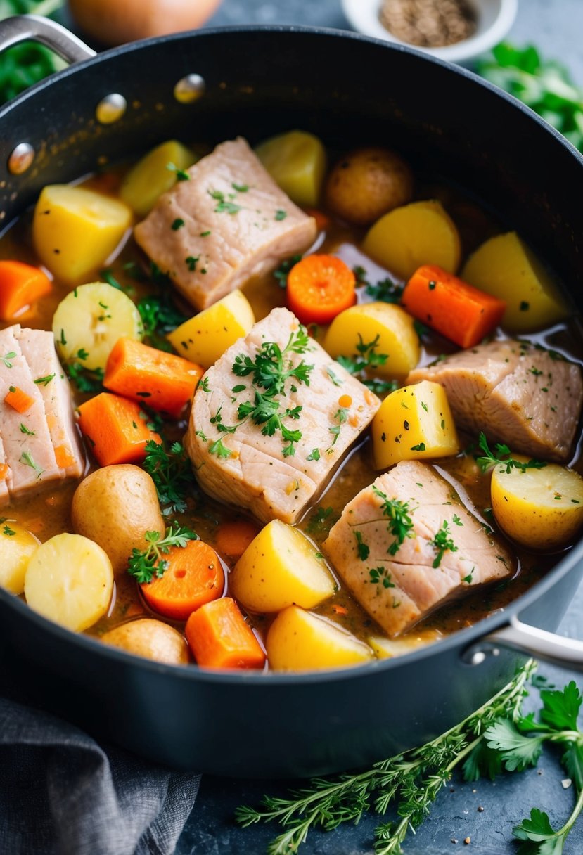 A simmering pot of pork and vegetable stew, with colorful chunks of carrots, potatoes, and tender pieces of lean pork, surrounded by fresh herbs and spices