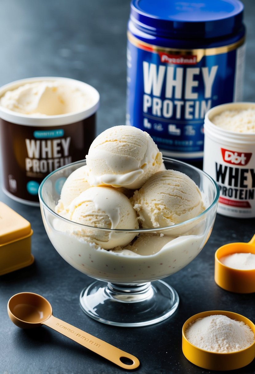 A glass bowl filled with creamy vanilla ice cream, surrounded by a few empty whey protein powder containers and a measuring cup