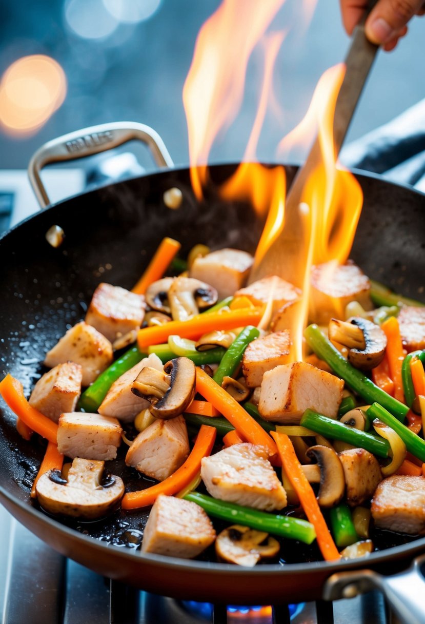 A sizzling skillet with chunks of pork, sliced mushrooms, and colorful vegetables being stir-fried over a high flame