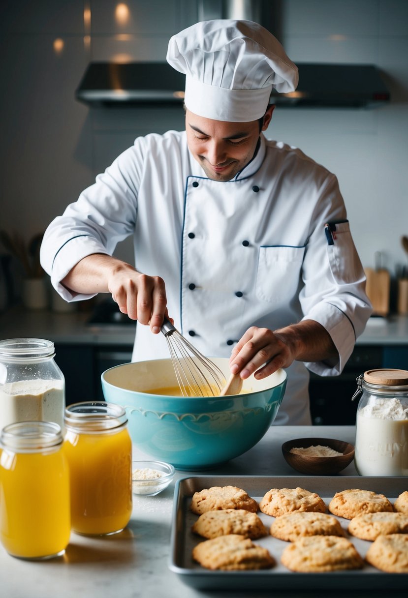 A chef mixing ingredients in a bowl, surrounded by jars of whey and flour, with a tray of freshly baked savory biscuits on the counter