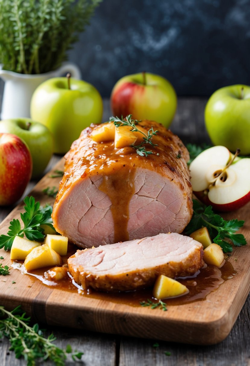 A succulent pork tenderloin glazed with apple sauce, surrounded by fresh apples and herbs on a rustic wooden cutting board