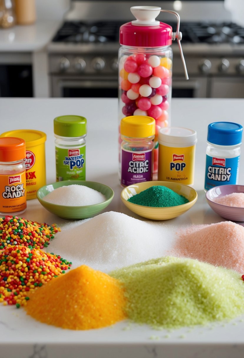 A colorful array of ingredients, including sugar, flavorings, and citric acid, are spread out on a kitchen counter, ready to be mixed into homemade pop rock candy