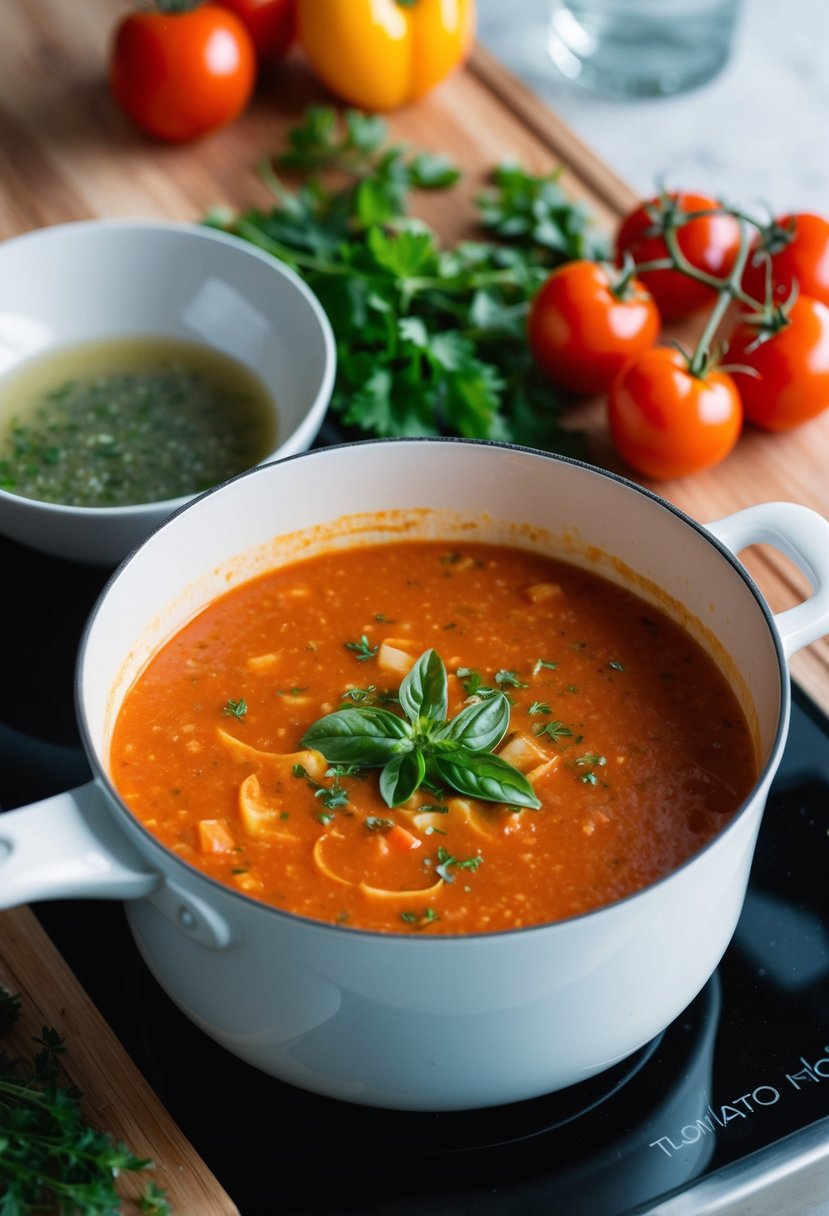 A pot of creamy tomato soup simmering on a stove, with a bowl of whey beside it and fresh tomatoes and herbs scattered around