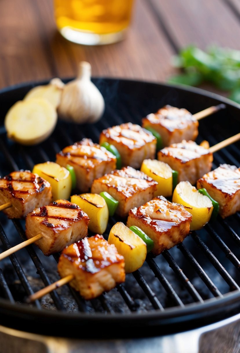 Skewers of marinated pork, ginger, and garlic on a grill