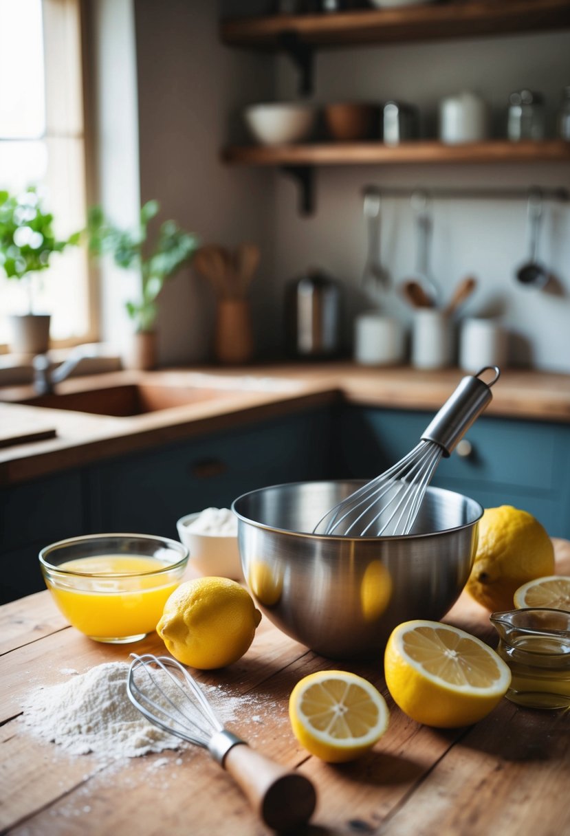 A rustic kitchen with a mixing bowl, whisk, and ingredients like lemons, flour, and whey on a wooden table